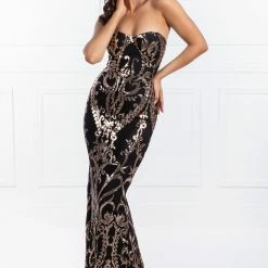 Honey Couture LA ROSA Rose Gold Strapless Sequin Evening Gown Dress NEW ARRIVALS