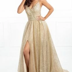 Honey Couture Made To Your Measurements NEW ARRIVALS Honey Couture AVA Gold Glitter Sparkle Ball Gown Formal Dress