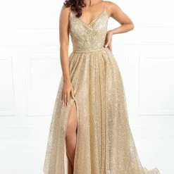 Honey Couture Made To Your Measurements NEW ARRIVALS Honey Couture AVA Gold Glitter Sparkle Ball Gown Formal Dress