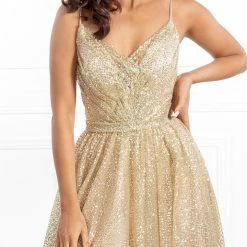 Honey Couture Made To Your Measurements NEW ARRIVALS Honey Couture AVA Gold Glitter Sparkle Ball Gown Formal Dress
