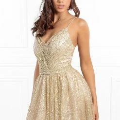 Honey Couture Made To Your Measurements NEW ARRIVALS Honey Couture AVA Gold Glitter Sparkle Ball Gown Formal Dress