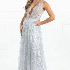 Honey Couture ENYA White & Silver Glitter Formal Gown