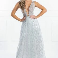 Honey Couture ENYA White & Silver Glitter Formal Gown
