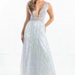 Honey Couture ENYA White & Silver Glitter Formal Gown