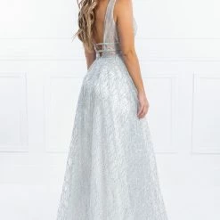 Honey Couture ENYA White & Silver Glitter Formal Gown