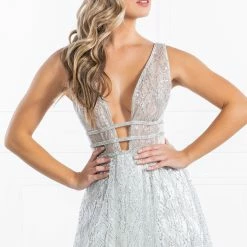 Honey Couture ENYA White & Silver Glitter Formal Gown