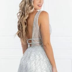 Honey Couture ENYA White & Silver Glitter Formal Gown