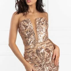 NEW ARRIVALS Honey Couture BELLA Gold Sequin Strapless V Front Formal Dress