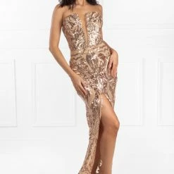 NEW ARRIVALS Honey Couture BELLA Gold Sequin Strapless V Front Formal Dress