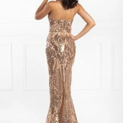 NEW ARRIVALS Honey Couture BELLA Gold Sequin Strapless V Front Formal Dress