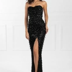 Jadore JX2033 Strapless Black Fringing Tassel Sequin Formal Dress