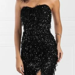 Jadore JX2033 Strapless Black Fringing Tassel Sequin Formal Dress