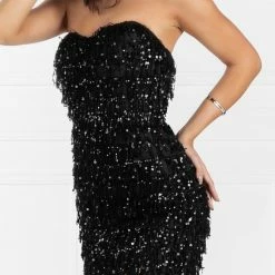Jadore JX2033 Strapless Black Fringing Tassel Sequin Formal Dress