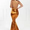Honey Couture MILEE Metallic Orange Low Back Mermaid Evening Gown Dress