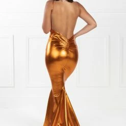 Honey Couture MILEE Metallic Orange Low Back Mermaid Evening Gown Dress