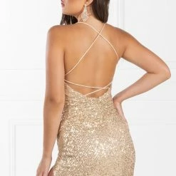 NEW ARRIVALS Honey Couture MARILYN Gold Sequin Corset Lace Up Formal Dress