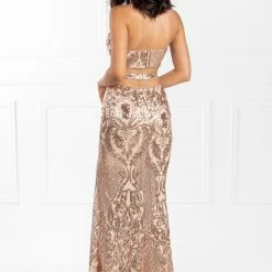 Honey Couture CHINICE Gold Sequin Strapless Cut Out Waist Evening Gown Dress
