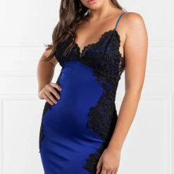 Honey Couture SAMANTHA Blue & Black Lace Mermaid Formal Dress