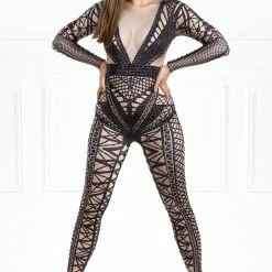 Honey Couture CRYSTAL Black Beaded Party Bodysuit NEW ARRIVALS