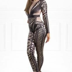 Honey Couture CRYSTAL Black Beaded Party Bodysuit NEW ARRIVALS