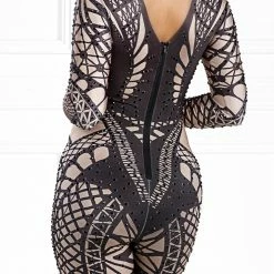 Honey Couture CRYSTAL Black Beaded Party Bodysuit NEW ARRIVALS