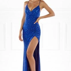 Honey Couture MARILYN Electric Blue Sequin Corset Lace Up Formal Dress NEW ARRIVALS