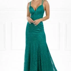 NEW ARRIVALS Honey Couture PAITYN Emerald Green Glitter Lace Up Back Mermaid Formal Gown Dress