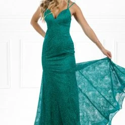 NEW ARRIVALS Honey Couture PAITYN Emerald Green Glitter Lace Up Back Mermaid Formal Gown Dress