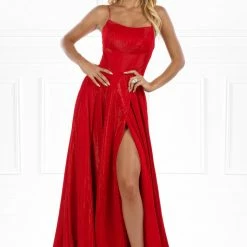 Honey Couture KYLA Red Shimmer Lace Up Back Formal Gown Dress NEW ARRIVALS