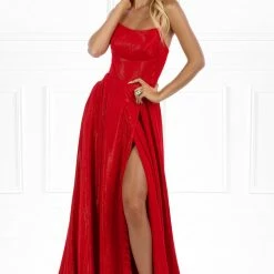 Honey Couture KYLA Red Shimmer Lace Up Back Formal Gown Dress NEW ARRIVALS