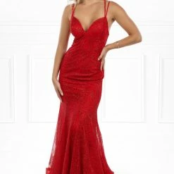 Honey Couture PAITYN Red Glitter Lace Up Back Mermaid Formal Gown Dress
