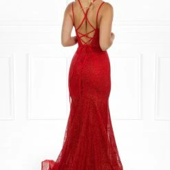 Honey Couture PAITYN Red Glitter Lace Up Back Mermaid Formal Gown Dress
