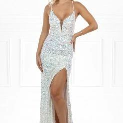 Honey Couture SHAYLA White Iridescent Lace Up Corset Back Sequin Mermaid Dress NEW ARRIVALS