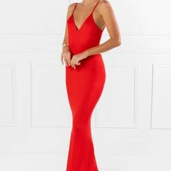 Honey Couture HAZEL Red Low Back Bum Ruched Mermaid Formal Dress NEW ARRIVALS