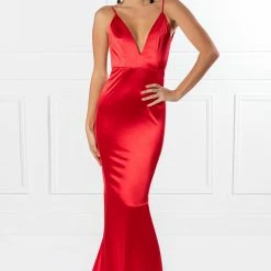 Honey Couture MILEE Metallic Red Low Back Mermaid Evening Gown Dress