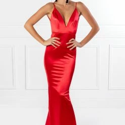 Honey Couture MILEE Metallic Red Low Back Mermaid Evening Gown Dress