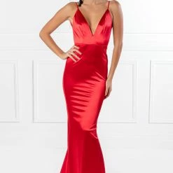 Honey Couture MILEE Metallic Red Low Back Mermaid Evening Gown Dress
