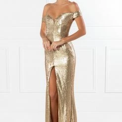 Honey Couture CONTESSA Gold Sequin Off Shoulder Mermaid Formal Dress NEW ARRIVALS