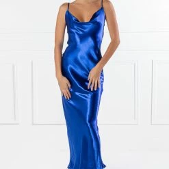 NEW ARRIVALS Honey Couture EVELYN Blue Silky Slip Formal Dress