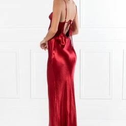NEW ARRIVALS Honey Couture EVELYN Burgundy Silky Slip Formal Dress