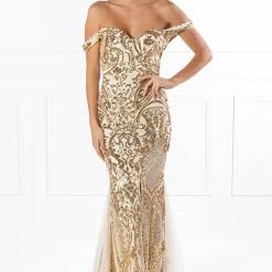 Honey Couture KIMBERLEY Gold Sequin Off Shoulder Formal Dress