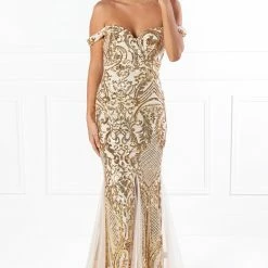 Honey Couture KIMBERLEY Gold Sequin Off Shoulder Formal Dress