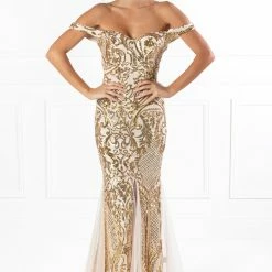 Honey Couture KIMBERLEY Gold Sequin Off Shoulder Formal Dress