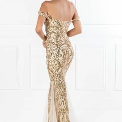 Honey Couture KIMBERLEY Gold Sequin Off Shoulder Formal Dress