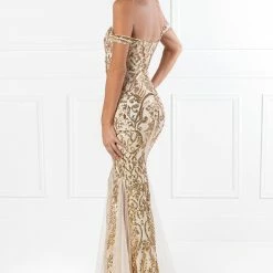 Honey Couture KIMBERLEY Gold Sequin Off Shoulder Formal Dress