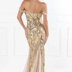 Honey Couture KIMBERLEY Gold Sequin Off Shoulder Formal Dress