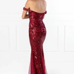 NEW ARRIVALS Honey Couture KIMBERLEY Burgundy Sequin Off Shoulder Formal Dress