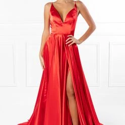 Honey Couture Made To Your Measurements Honey Couture JAYNE Satin Deep V Full Skirt Made To Order Formal Dress NEW ARRIVALS
