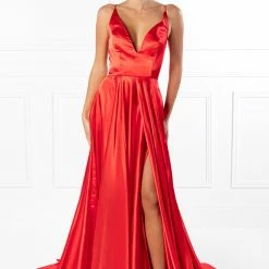 Honey Couture Made To Your Measurements Honey Couture JAYNE Satin Deep V Full Skirt Made To Order Formal Dress NEW ARRIVALS