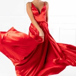 Honey Couture Made To Your Measurements Honey Couture JAYNE Satin Deep V Full Skirt Made To Order Formal Dress NEW ARRIVALS